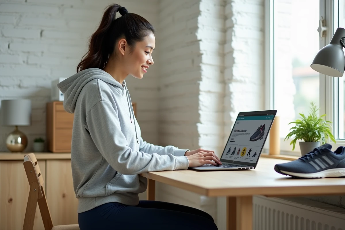 Femme achetant du matériel sportif Beat All Sports en ligne depuis son bureau à domicile