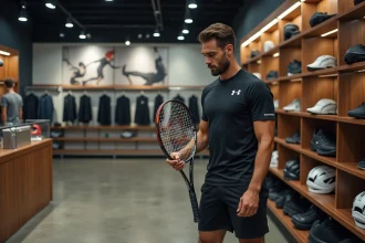 Homme examinant une raquette de tennis dans un magasin de sport spécialisé Beat All Sports