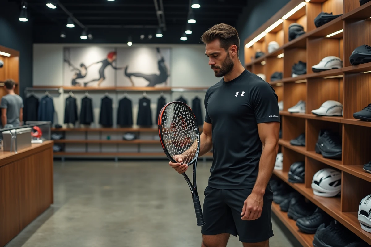 Homme examinant une raquette de tennis dans un magasin de sport spécialisé Beat All Sports