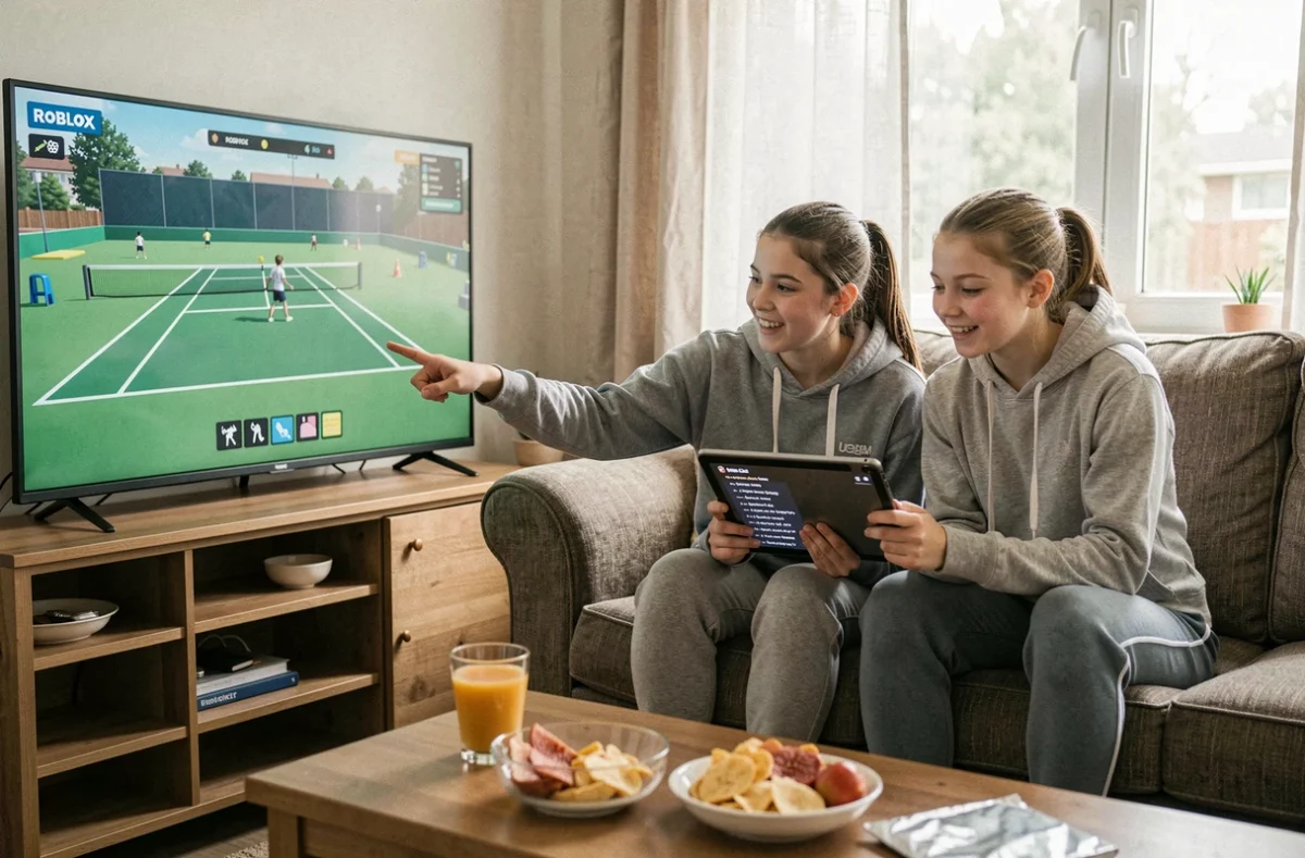 Deux adolescentes jouant ensemble à Tennis Zero sur Roblox dans un salon, consultant des codes sur une tablette