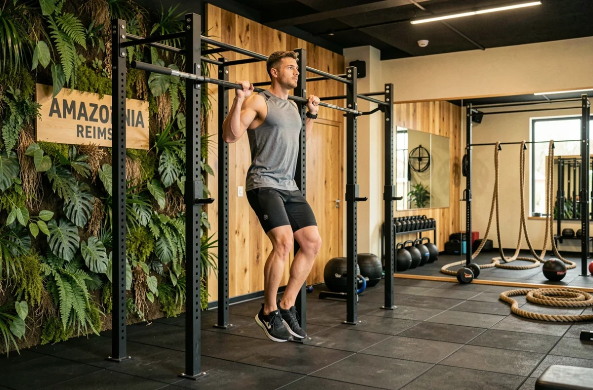 Salle de sport Amazonia Reims avec décoration tropicale végétale et zone de cross-training