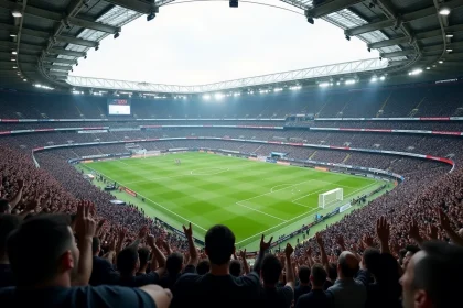 Vue panoramique des tribunes d'un stade de football bondé avec des supporters en noir et blanc lors d'un match de la Juventus