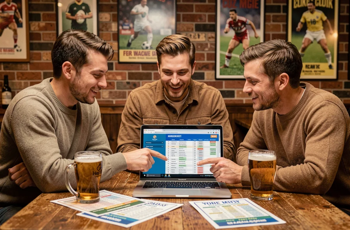 Groupe d'amis consultant le calendrier des matchs de la H Cup 2026 dans un pub autour d'un ordinateur portable