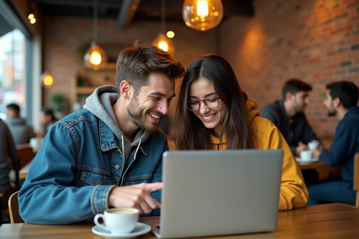 Deux amis discutant des sorties scantrad Blue Lock en VF devant un ordinateur portable dans un café