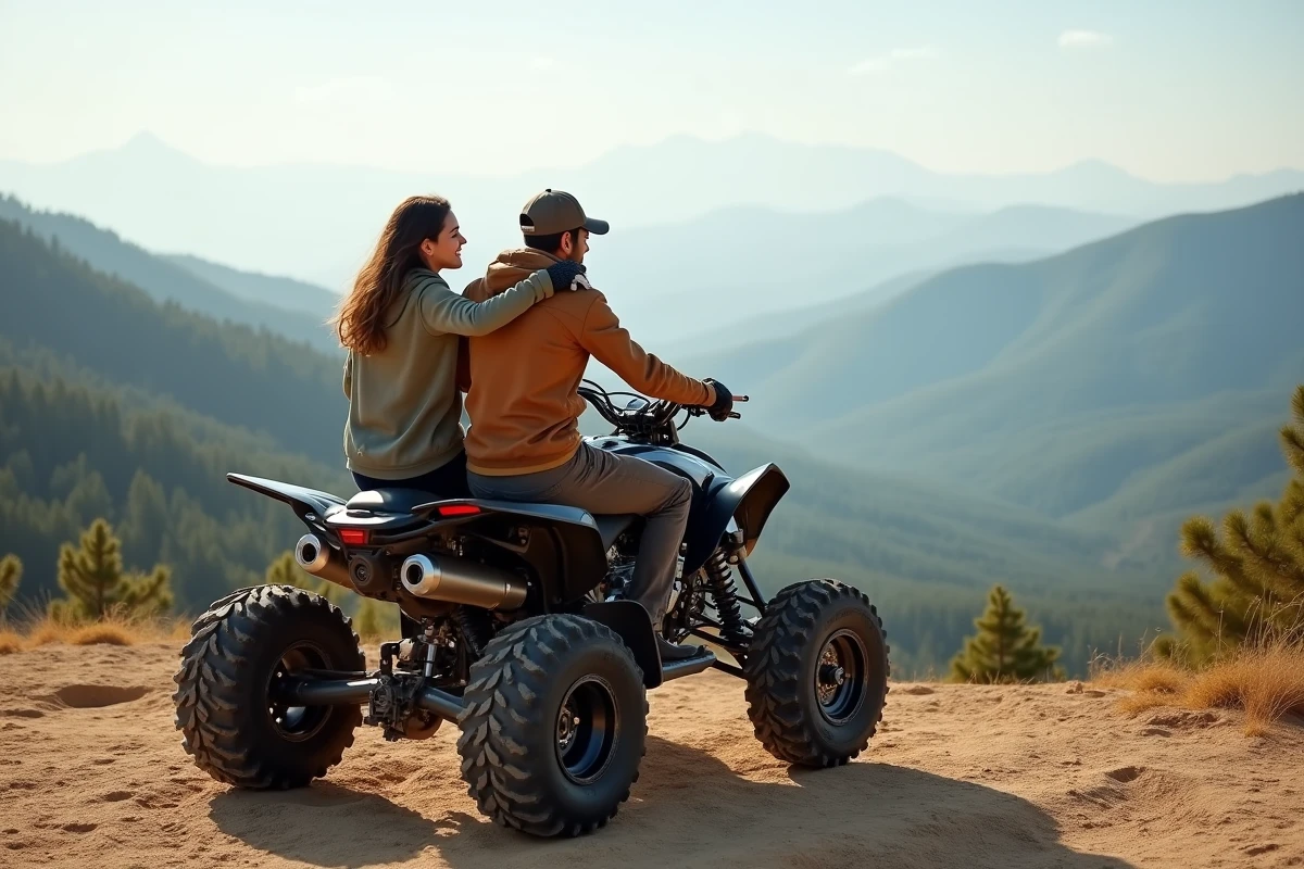 Deux amis souriants sur Yamaha Raptor 700 avec vue panoramique
