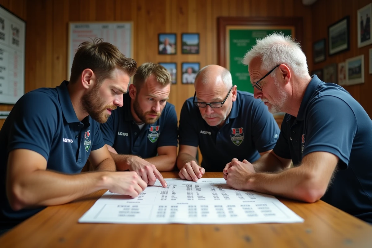 Membres d'un club de rugby Fédérale 3 analysant le classement de la série et les écarts de points dans un vestiaire associatif