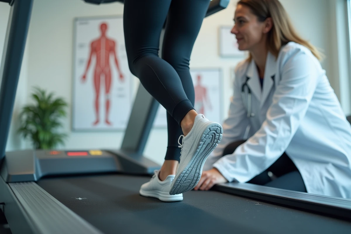 Analyse de la supination du pied d'une coureuse sur tapis roulant par un spécialiste en biomécanique sportive en clinique