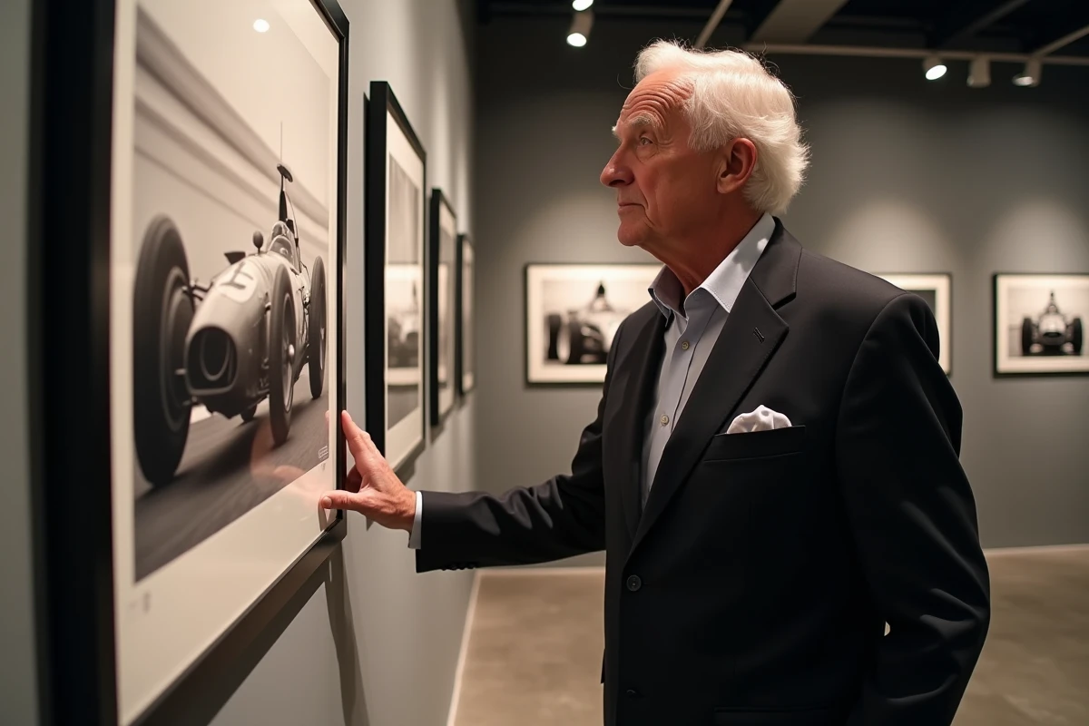 Ancien pilote de Formule 1 contemplant une photographie d'archive en noir et blanc lors d'une exposition commémorative en hommage aux légendes