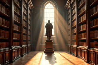 Bibliotheque ancienne lumineuse avec statues et livres