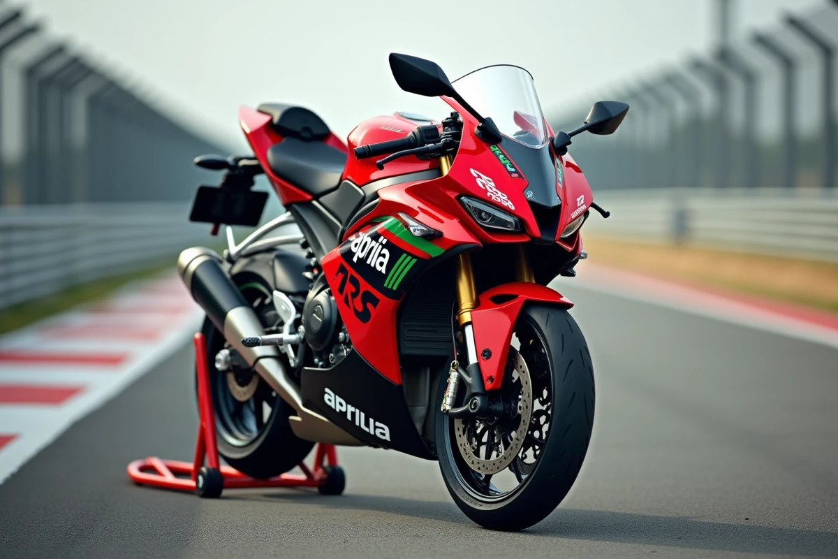 Aprilia RS 125 2026 garée en pit lane sur un circuit de test, vue trois quarts avant au niveau du sol