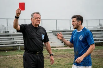 Arbitre de football amateur brandissant un carton rouge lors d'un match de district en Loire-Atlantique