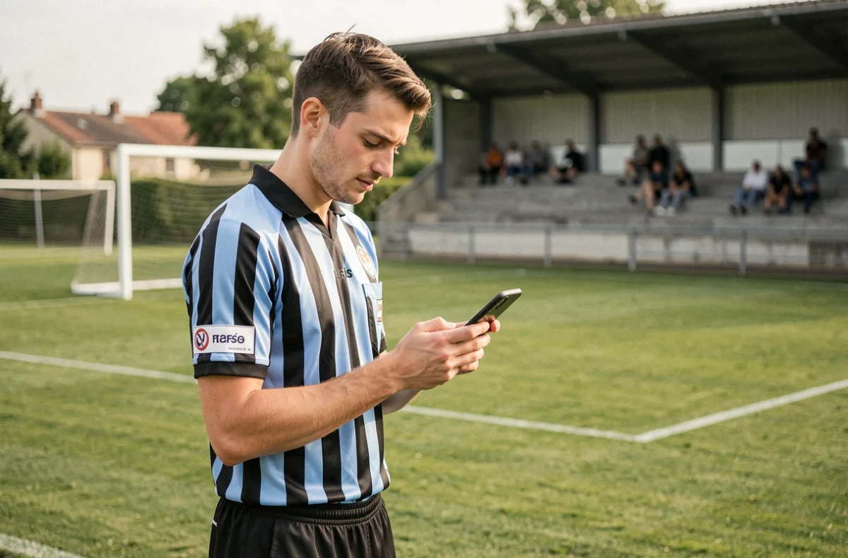 Arbitre amateur consultant les réseaux sociaux du district de football FFF 91 sur son smartphone au bord d'un terrain de football en Essonne