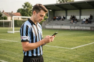 Arbitre amateur consultant les réseaux sociaux du district de football FFF 91 sur son smartphone au bord d'un terrain de football en Essonne