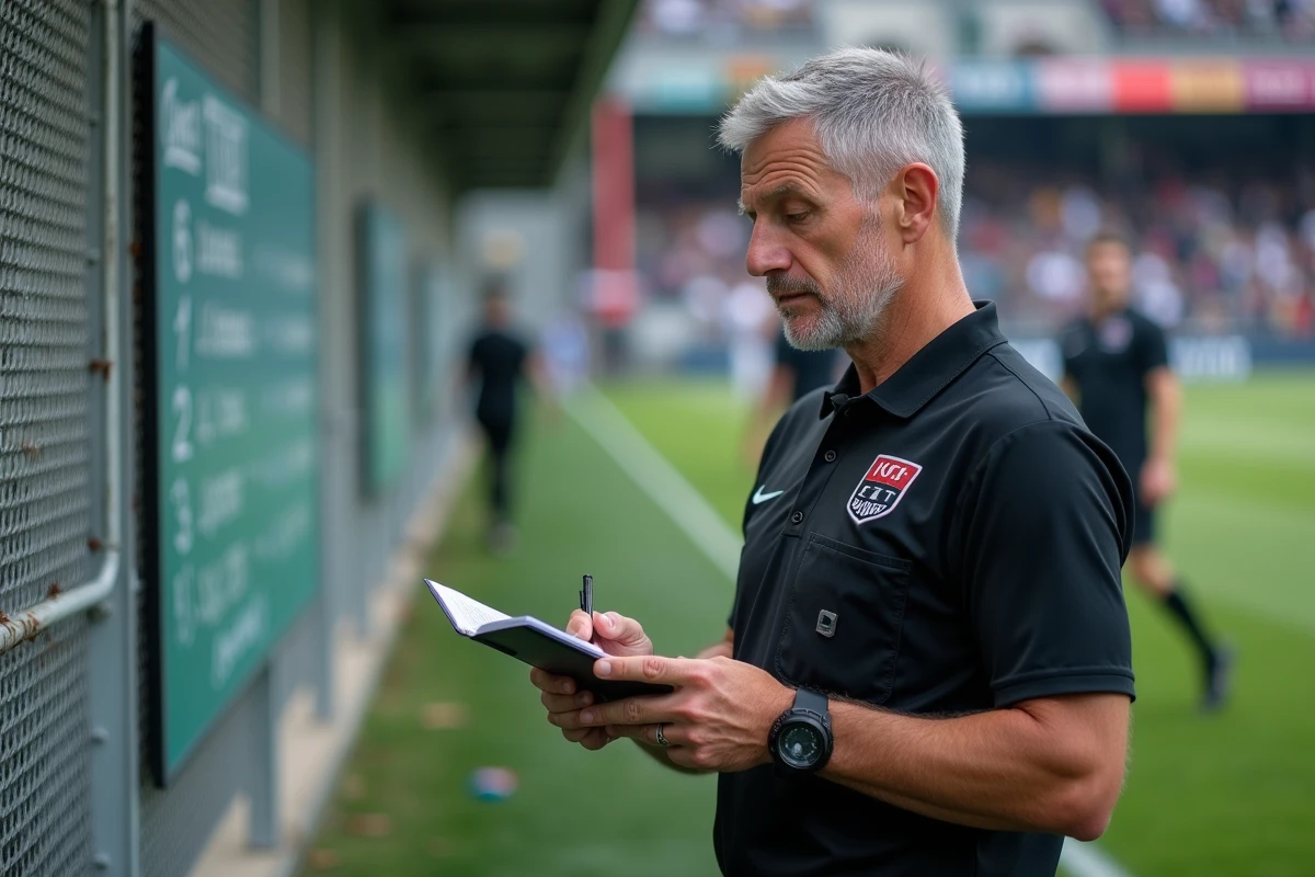 Arbitre de rugby Fédérale 3 consultant la feuille de match en bord de touche lors d'une rencontre amateur régionale