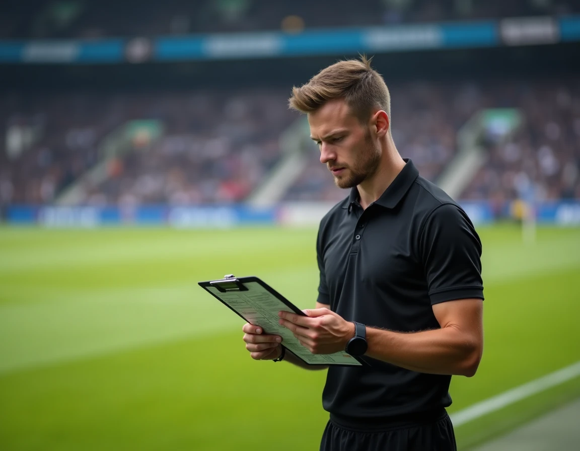 Arbitre de rugby consultant le calendrier des matchs de la Coupe du monde de rugby U20 2026 en bord de terrain