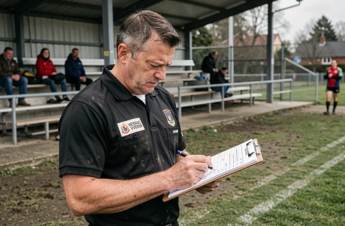 Arbitre de rugby fédéral vérifiant le score officiel sur une feuille de match après la rencontre
