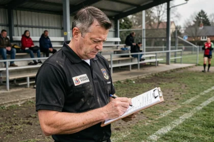 Arbitre de rugby fédéral vérifiant le score officiel sur une feuille de match après la rencontre