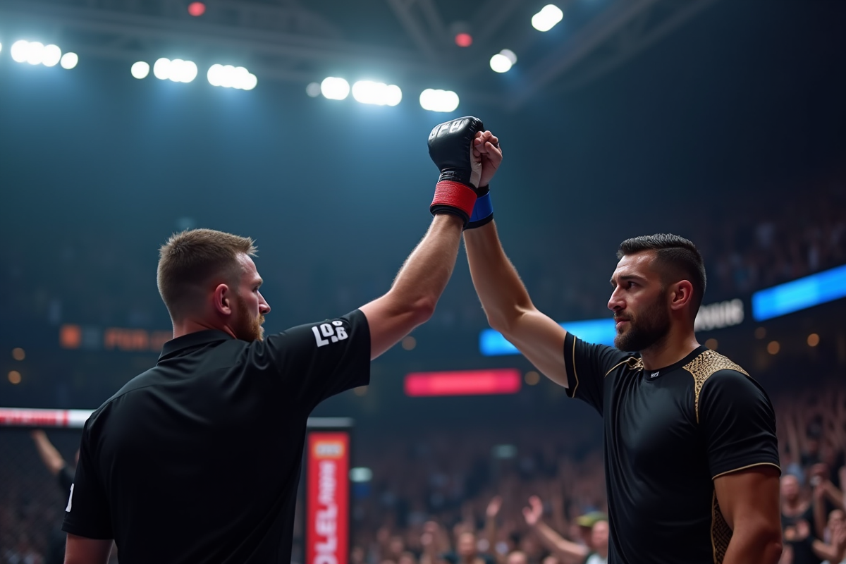 Arbitre levant le gant du vainqueur dans une arene lumineuse