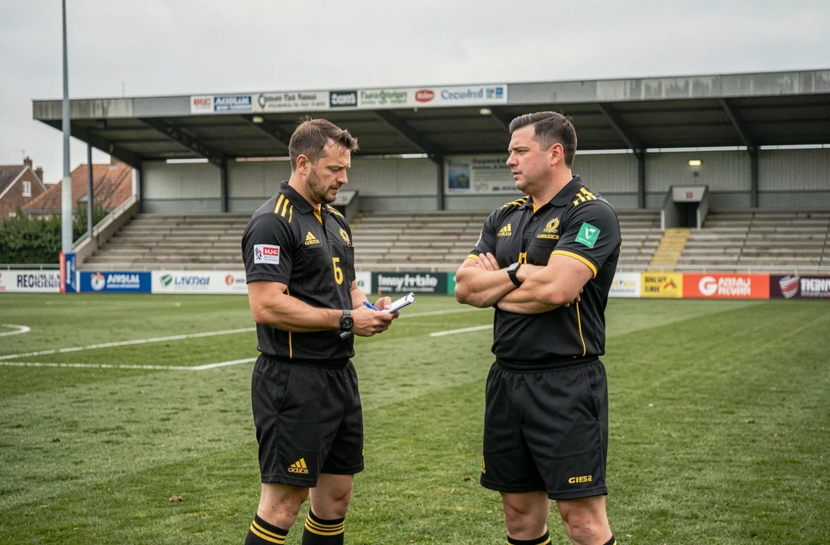 Deux arbitres officiels en poste lors d'un match de rugby Nationale 2 Poule 1 dans un stade régional français