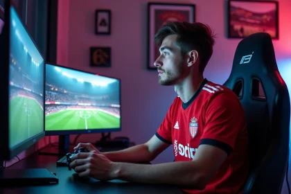 Fan de l'ASM en maillot jouant à un jeu de football en ligne dans un espace gaming décoré de souvenirs monégasques