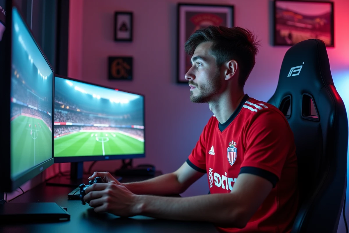 Fan de l'ASM en maillot jouant à un jeu de football en ligne dans un espace gaming décoré de souvenirs monégasques