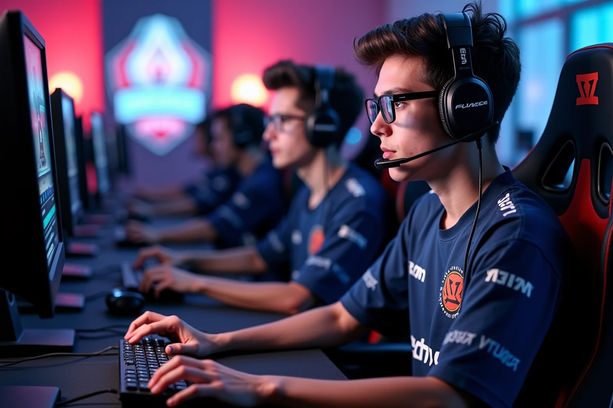 Deux joueurs de l'équipe esport ASM CyberVulcans concentrés lors d'une compétition dans une arène professionnelle