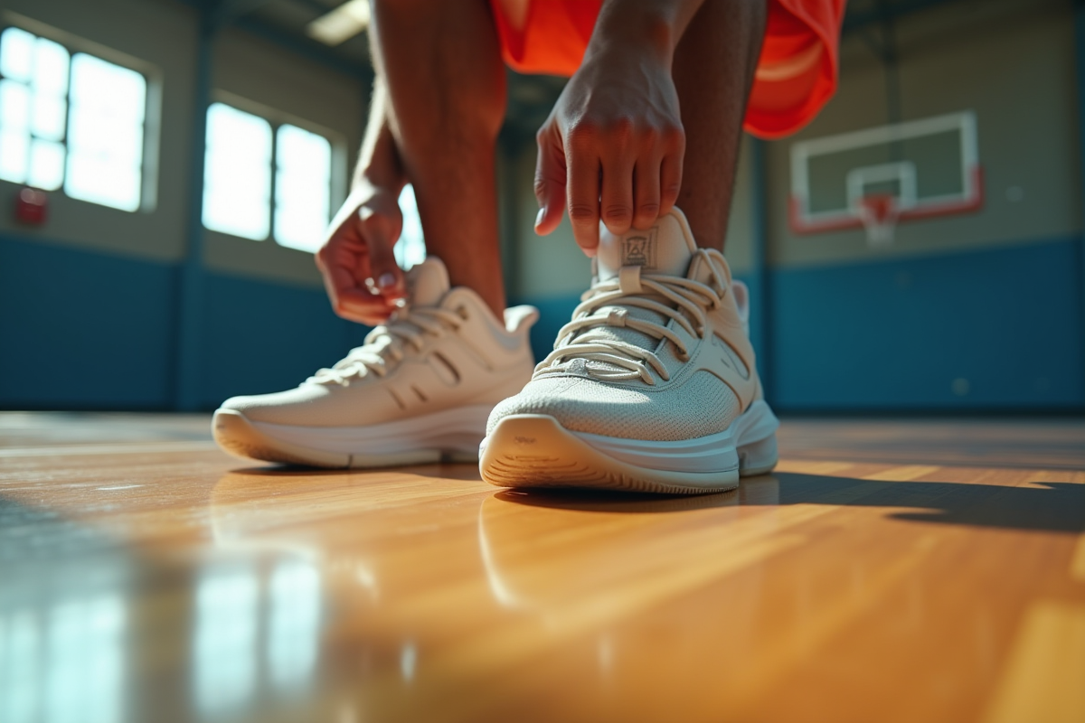 Athlète nouant ses chaussures de basketball Anthony Edwards