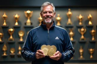 Sportif homme avec médailles et records dans un musée