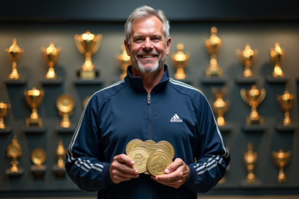 Sportif homme avec médailles et records dans un musée