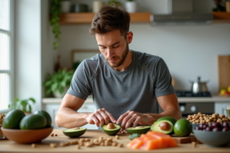 Jeune athlète préparant un repas avec avocat dans une cuisine moderne