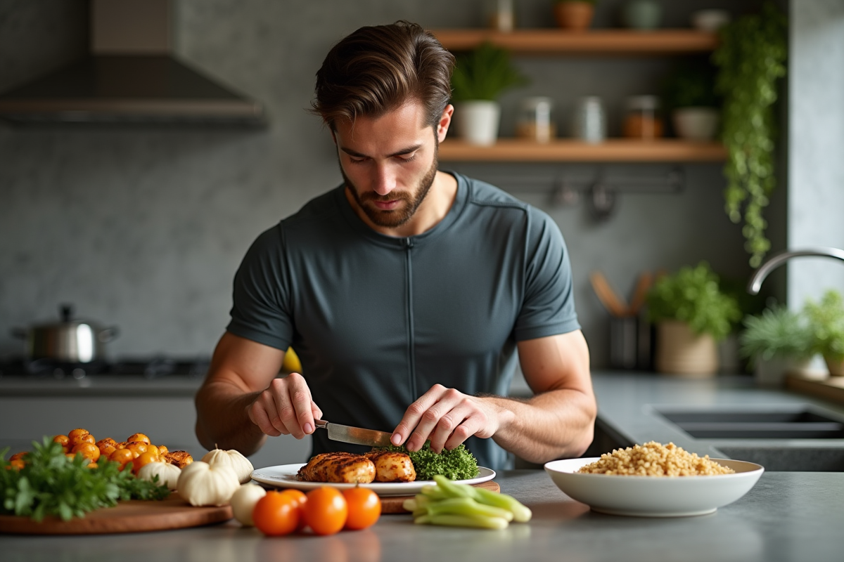 Jeune athlète préparant un repas équilibré à la maison