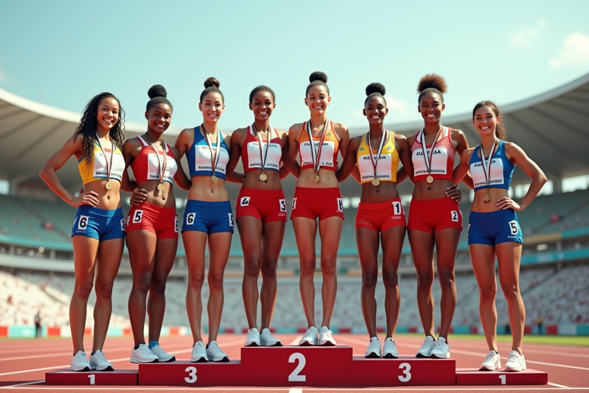 Groupe de femmes athlètes souriantes sur le podium après la course