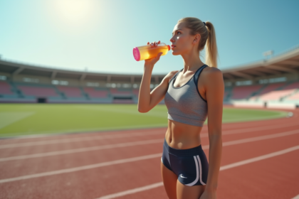 Jeune athlète féminine buvant une boisson sportive sur piste
