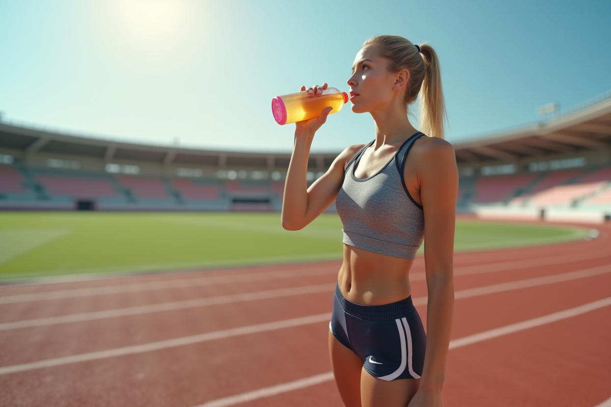 Jeune athlète féminine buvant une boisson sportive sur piste