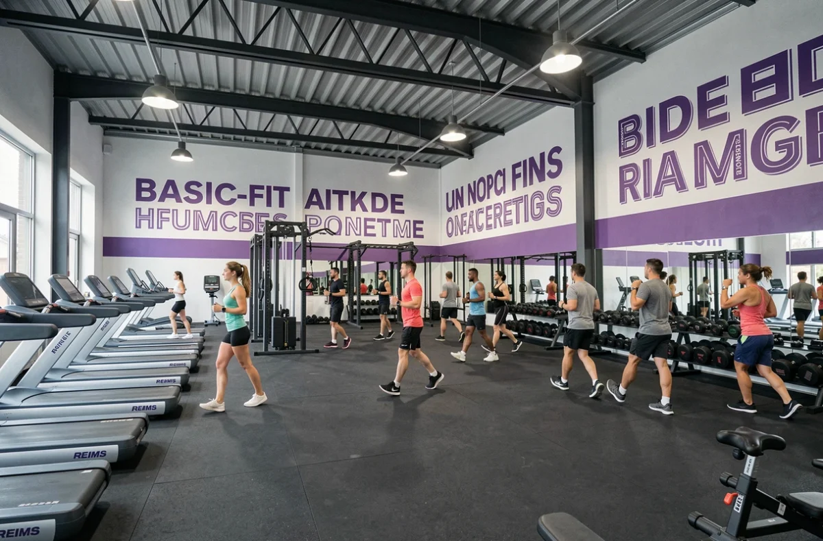 Grande salle Basic-Fit Reims avec équipements violet et blanc et membres en entraînement