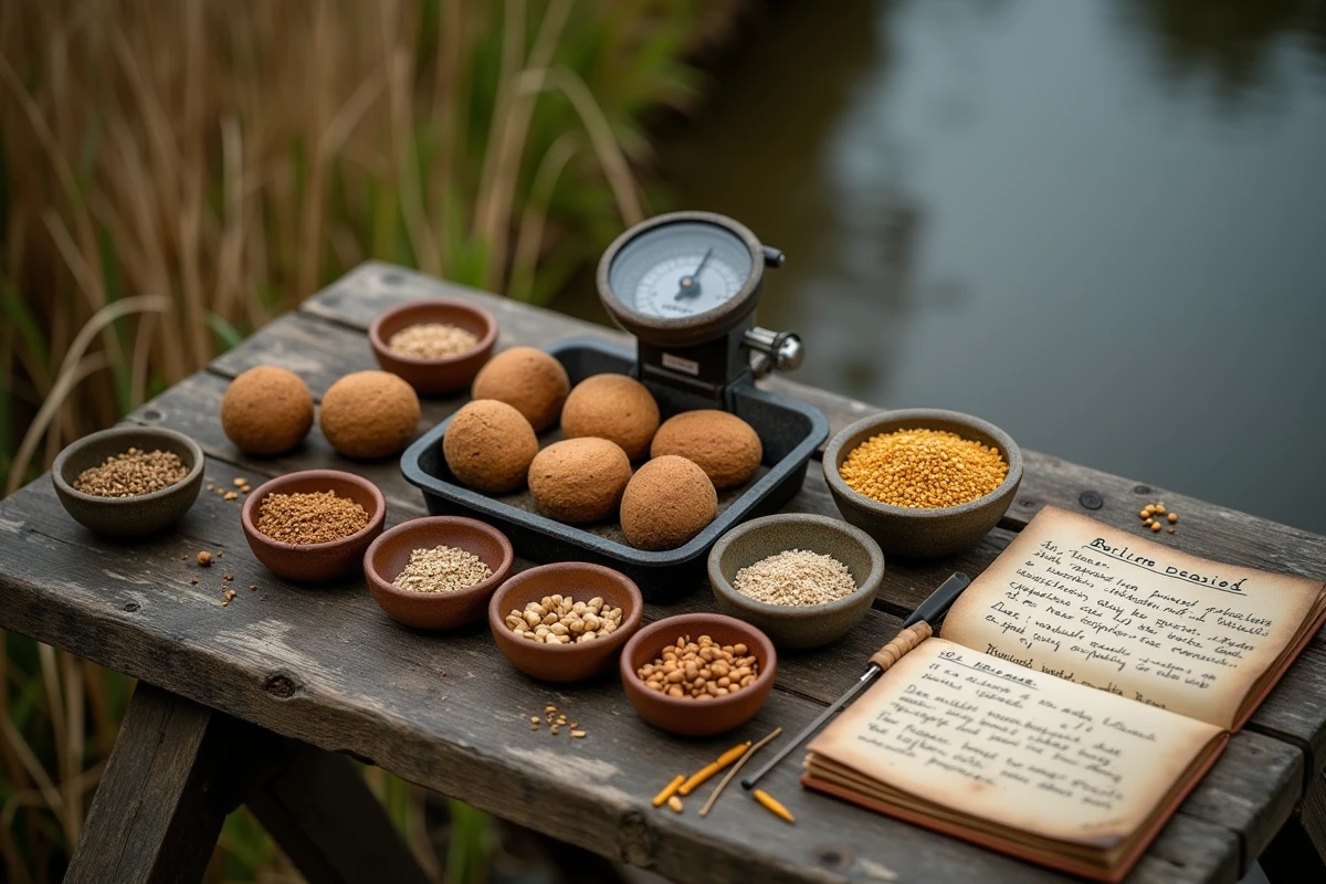 Bouillettes carpe artisanales et ingrédients naturels disposés sur une table en bois au bord de l'eau