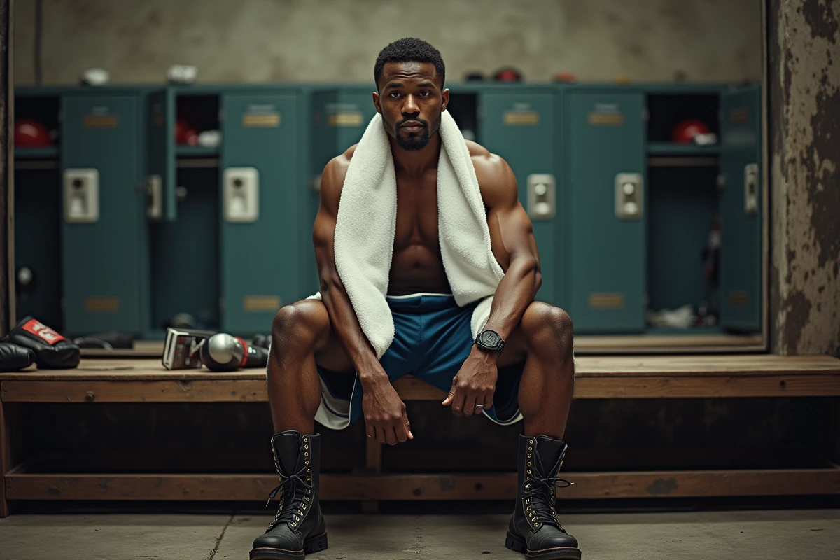 Boxeur afro-américain dans le vestiaire en pleine réflexion