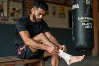 Boxeur thaï blessé enroulant un bandage autour de sa cheville dans une salle de Muay Thai authentique, expression de détermination calme