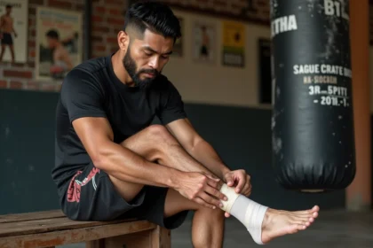 Boxeur thaï blessé enroulant un bandage autour de sa cheville dans une salle de Muay Thai authentique, expression de détermination calme