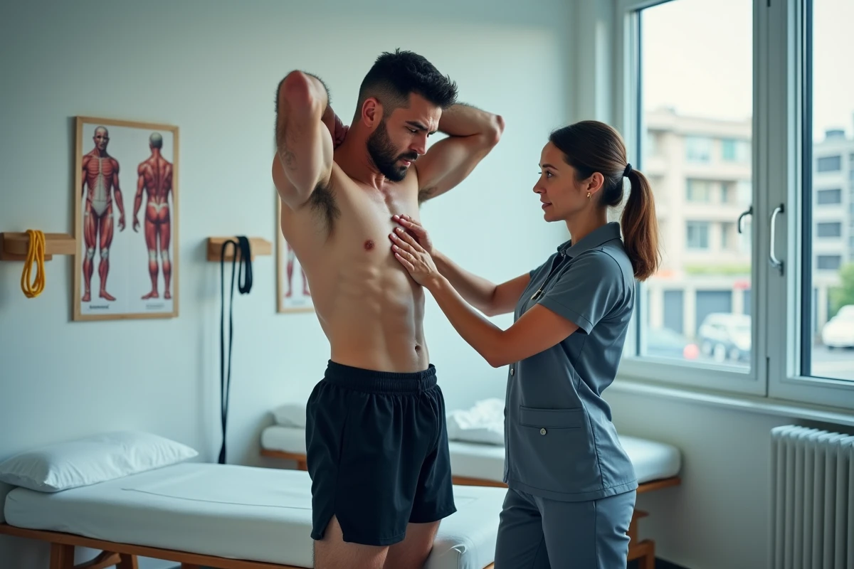 Kinésithérapeute examinant l'épaule d'un boxeur thaï blessé lors d'une séance de rééducation dans une clinique moderne