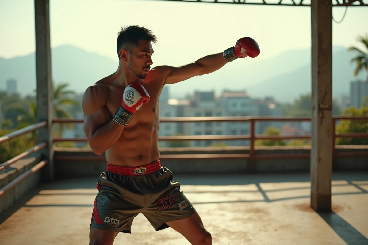 Boxeur thaï en convalescence pratiquant le shadow boxing seul sur une terrasse d'entraînement en plein air en Asie du Sud-Est