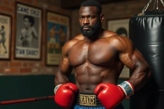 Boxeur afro-américain dans un gymnase vintage avec posters