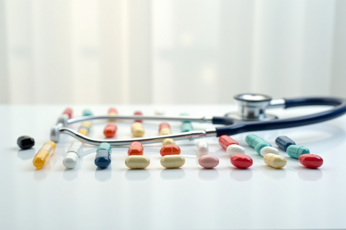 Sélection de capsules et comprimés de santé sur une surface blanche