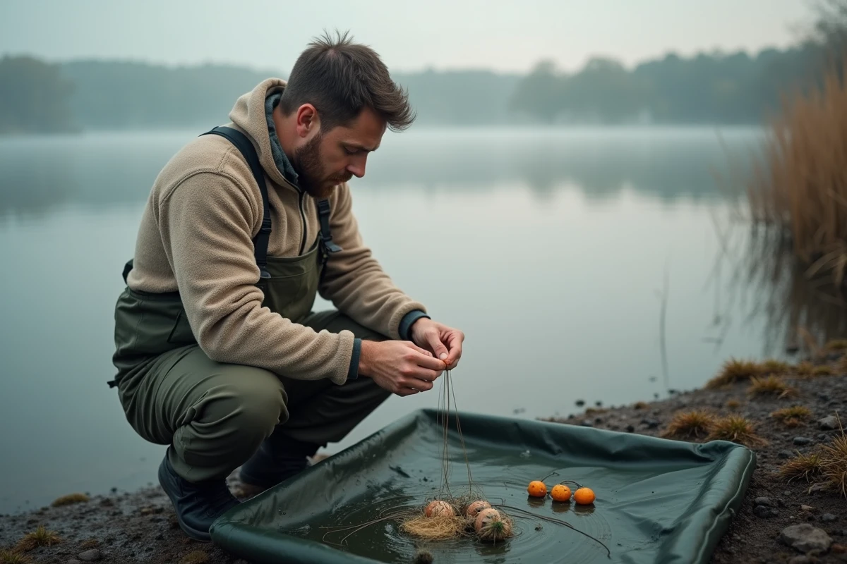 Carpiste montant une bouillette maison sur un bas de ligne hair rig au bord d'un lac à l'aube