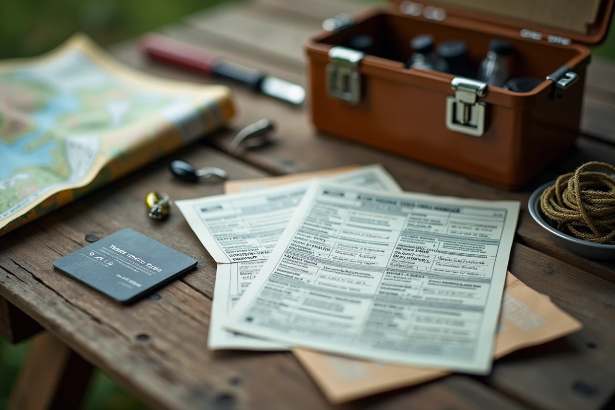 Carte de pêche et permis de pêche posés sur une table en bois avec matériel de pêche, représentant les documents nécessaires pour la saison de pêche 2026