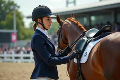Jeune cavaliere ajustant la selle de son cheval en extérieur