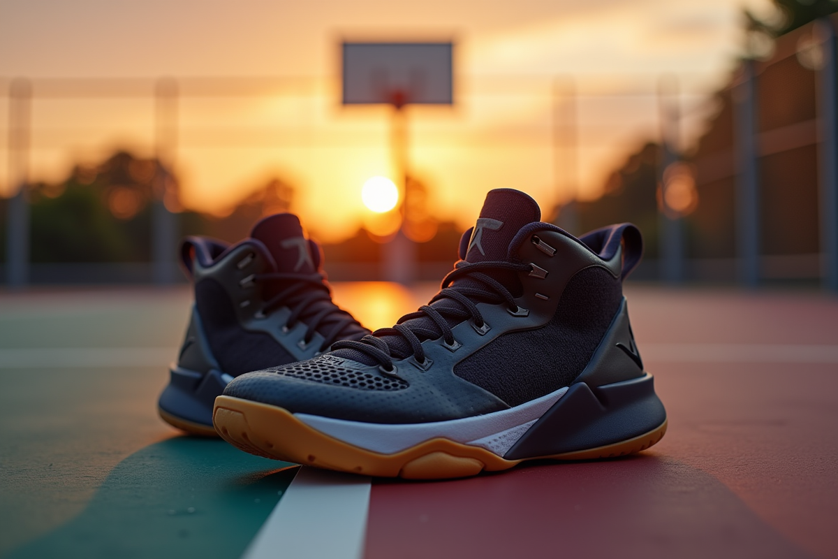 Chaussures Anthony Edwards sur le terrain extérieur au coucher du soleil