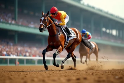 Cheval de course au galop sur piste lors d'une compétition équestre professionnelle, jockey en selle penché en avant