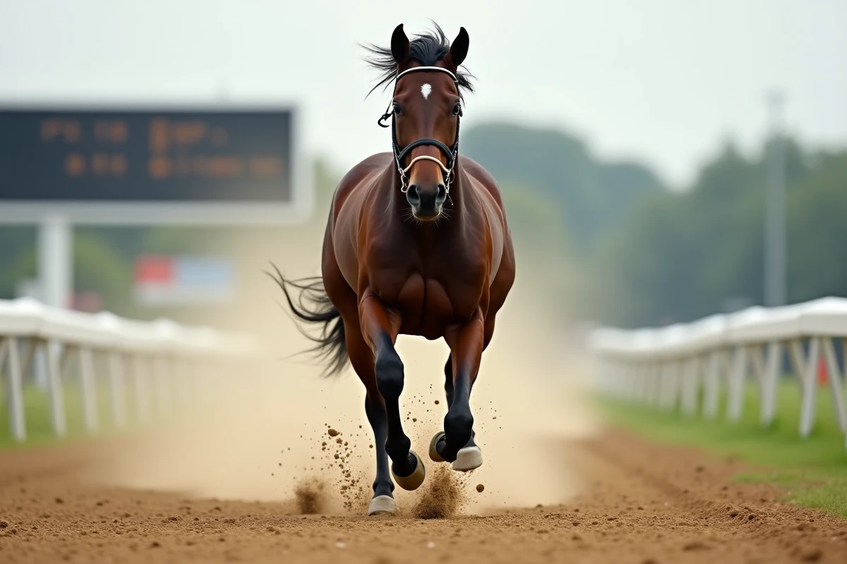 Cheval de course bai foncé au galop de face sur piste de compétition, crinière au vent et naseaux ouverts