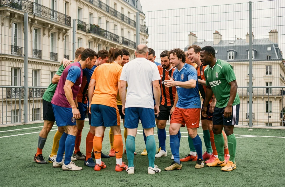 Groupe de joueurs amateurs en huddle sur un terrain de football 5 contre 5 en gazon artificiel à Paris, avec immeubles haussmanniens en arrière-plan